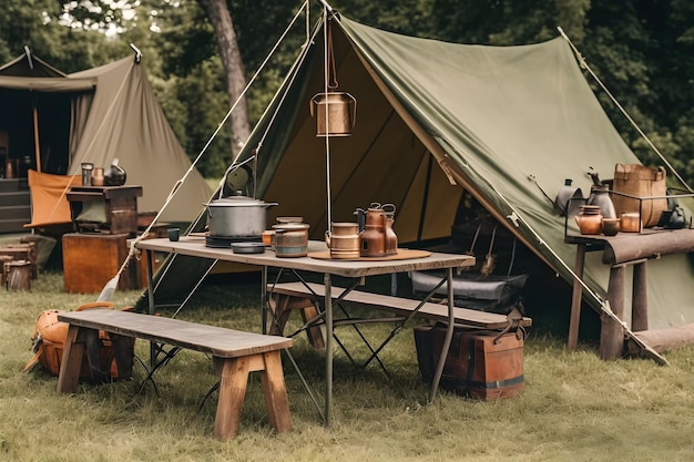 A green tent with a table and chairs with a table and a pan on it.