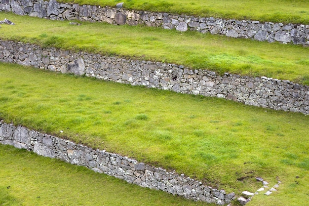 Green terraces at Machu Picchu in Peru