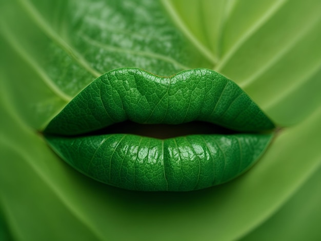 Photo green textured lips resembling leafy patterns set against a matching green background