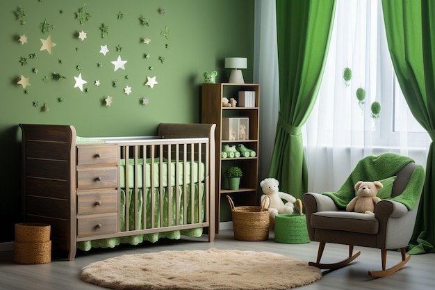 A green themed baby room with shamrock mobile