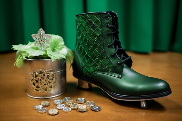 A green themed ice skating outfit with a shamrock brooch