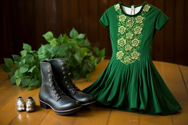 A green themed ice skating outfit with a shamrock brooch