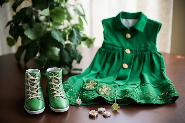 A green themed ice skating outfit with a shamrock brooch