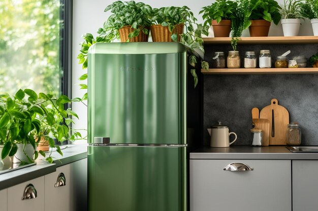 A green themed kitchen with shamrock magnets on the fridge