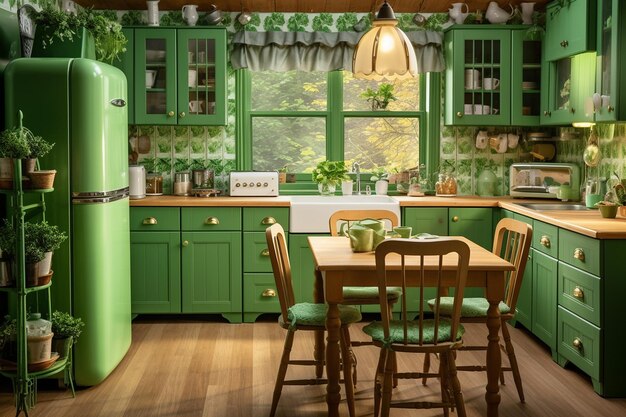 A green themed kitchen with shamrock magnets on the fridge