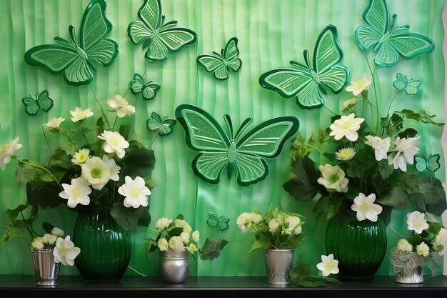 A green themed window display with shamrock decals