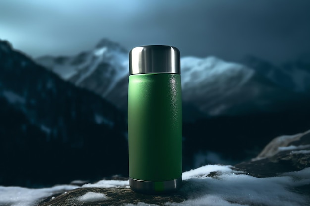 A green thermos mockup