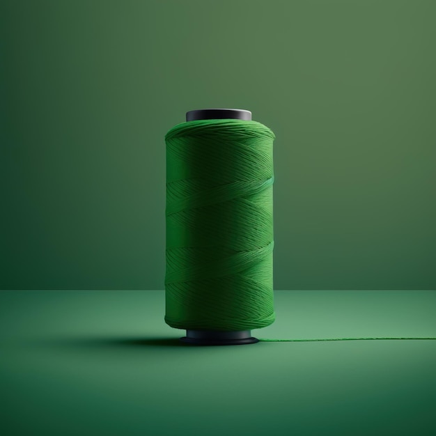 Green thread spool with flat green background simple and minimal concept design generative ai