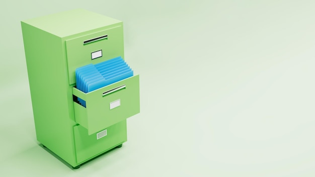 Green three drawer file cabinet blue folders isolated element 3d rendering