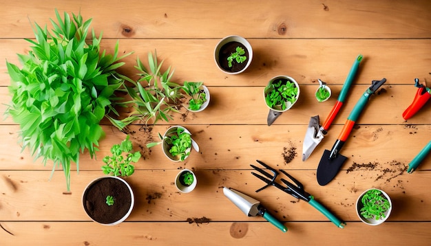 Green Thumb Essentials Bovenaanzicht van tuingereedschap op de houten vloer Maak je klaar om te cultiveren