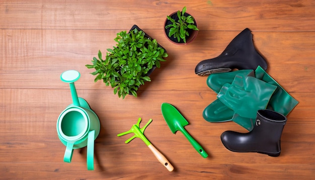 Green Thumb Essentials Bovenaanzicht van tuingereedschap op de houten vloer Maak je klaar om te cultiveren