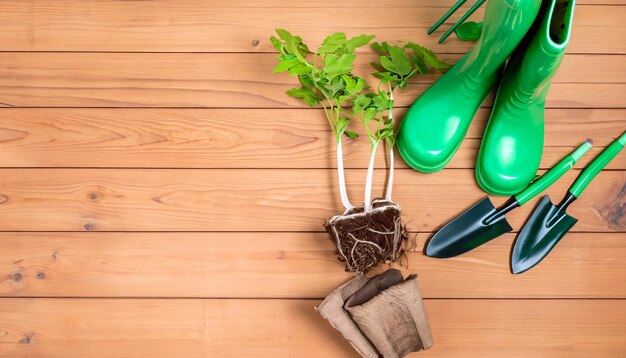 Green Thumb Essentials Вид сверху на садовые инструменты на деревянном полу Приготовьтесь к выращиванию