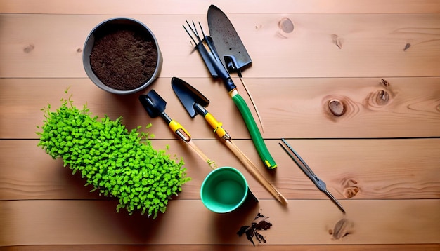 Photo green thumb essentials top view of gardening tools on the wooden floor get ready to cultivate