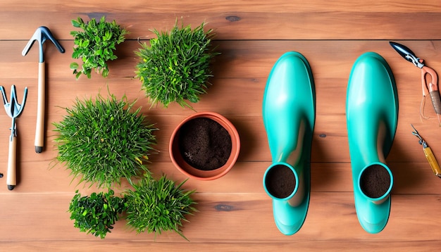 Green Thumb Essentials Top View of Gardening Tools on the Wooden Floor Get Ready to Cultivate