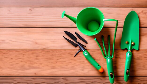 Photo green thumb essentials top view of gardening tools on the wooden floor get ready to cultivate