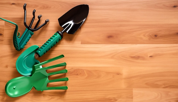 Green Thumb Essentials Top View of Gardening Tools on the Wooden Floor Get Ready to Cultivate