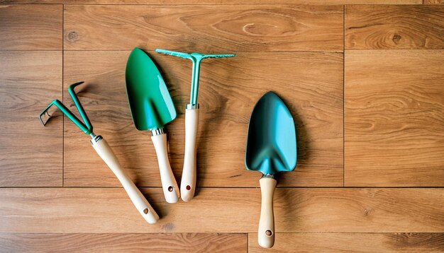 Green Thumb Essentials Top View of Gardening Tools on the Wooden Floor Get Ready to Cultivate