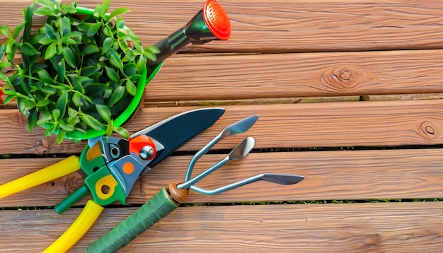 Foto green thumb essentials vista dall'alto degli attrezzi da giardinaggio sul pavimento in legno preparati a coltivare