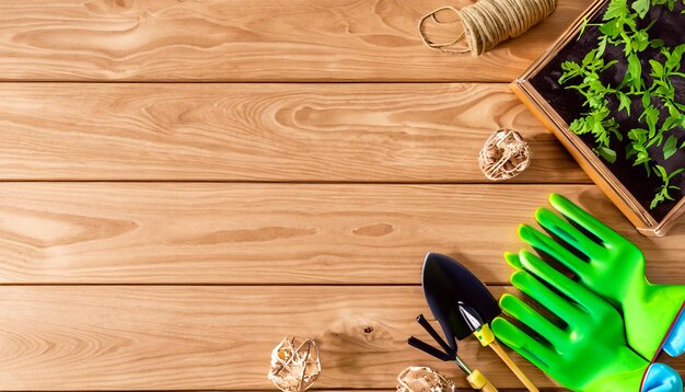 Green Thumb Essentials 나무 바닥에 있는 원예 도구의 평면도 재배 준비