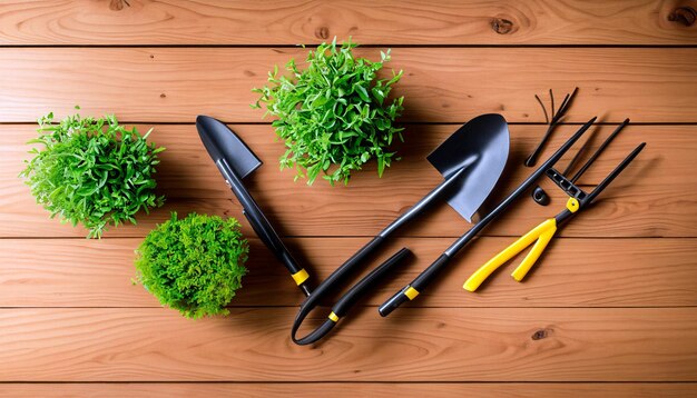 Фото green thumb essentials вид сверху на садовые инструменты на деревянном полу приготовьтесь к выращиванию