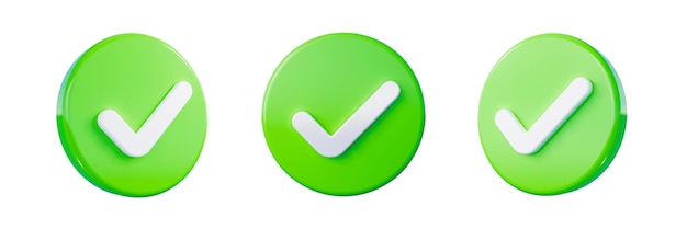 Green Tick 3D Icon Right Approval Sign rounded icon from different angles 3D Illustration