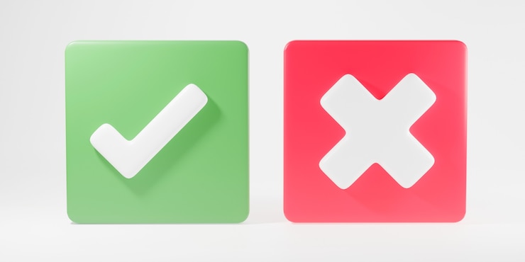 Photo green tick check mark and cross mark symbols icon element in square 3d rendering illustration