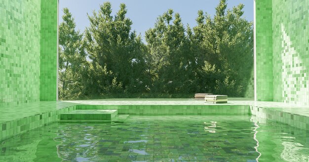 Photo green tiled indoor pool with towel pile in the surface and large window with pine trees behind