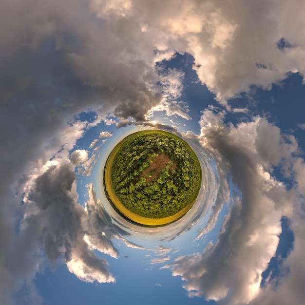 Photo green tiny planet in blue sky with beautiful evening clouds with sunflowers with transformation of spherical panorama 360 degrees curvature of space