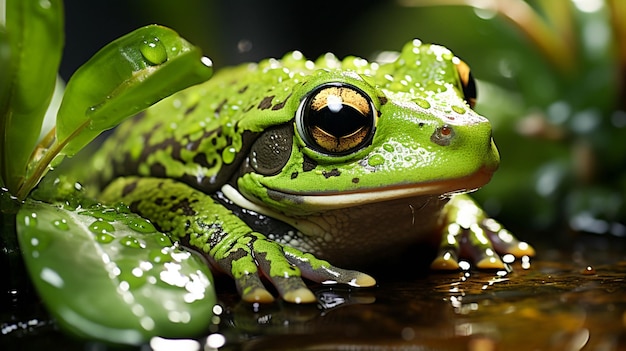 Green toad sitting on wet leaf in tropical rainforest pond