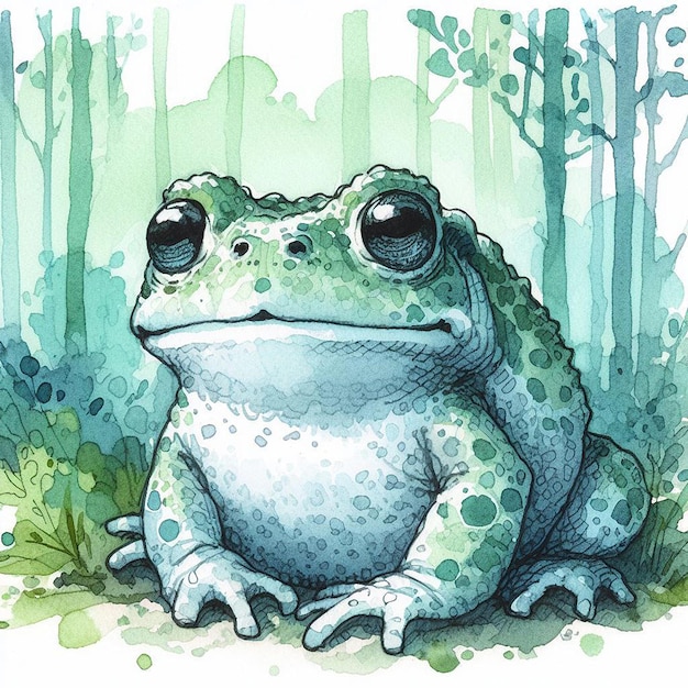 green toad in the watercolor forest