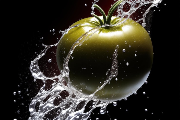 A green tomato is being dropped into a water splash.