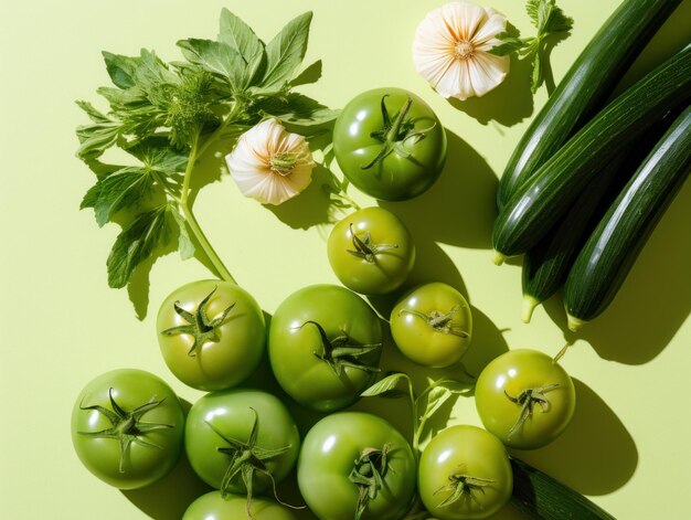 Photo green tomatoes in bright sunlight flat lay with copy space