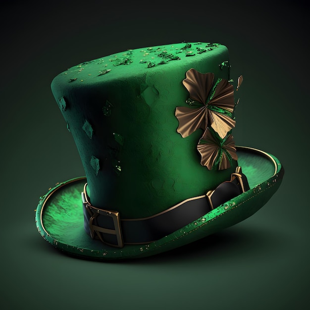 A green top hat with a gold leaf on it