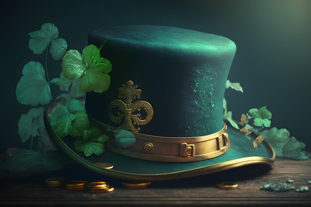 A green top hat with the word clover on it