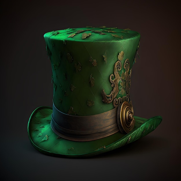 A green top hat with the word clover on it