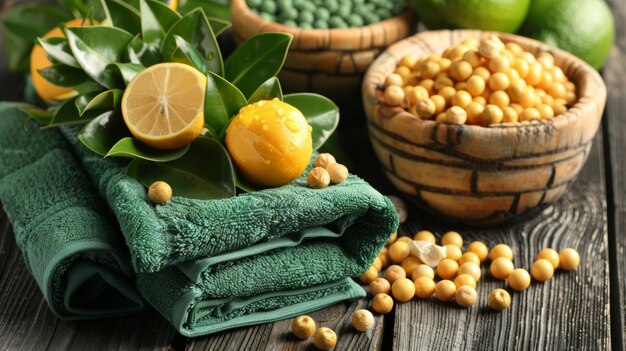 A green towel is laying on a wooden table with a bowl of yellow beans