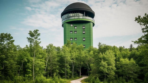 Photo the green tower is located in the woods.