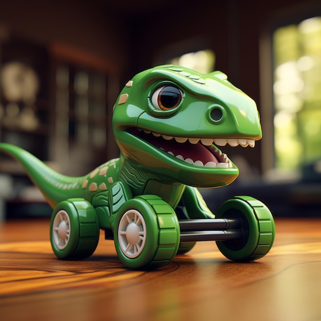 Photo green toy dinosaur on wheels for little children to play with