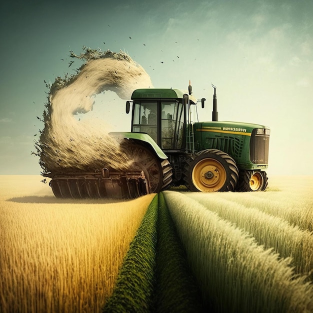 A green tractor is in a field with a cloudy sky.