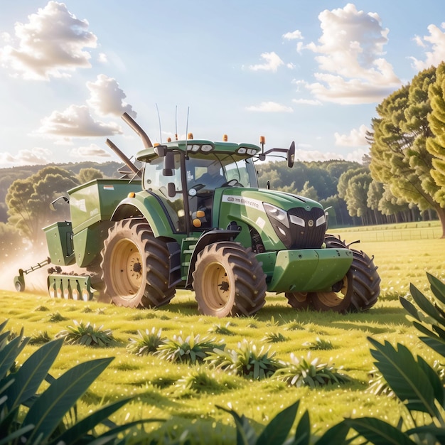 A green tractor is in a field with trees in the background.