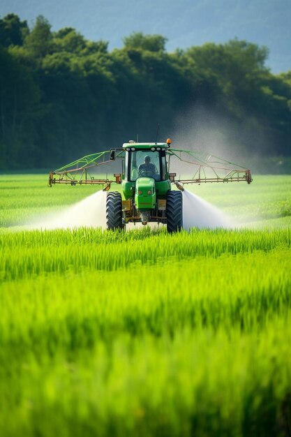 a green tractor is plowing a field of wheat