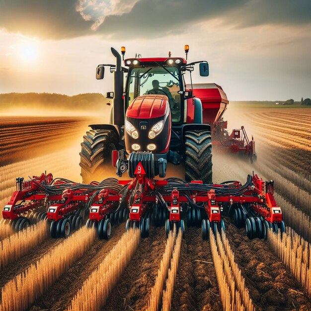 green tractor plowing cereal field with sky with clouds