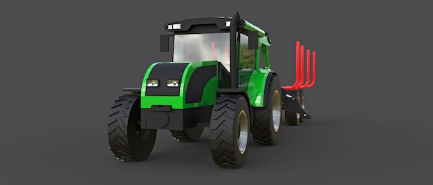 Зеленый трактор с прицепом для лесозаготовки на сером фоне. 3D-рендеринг.