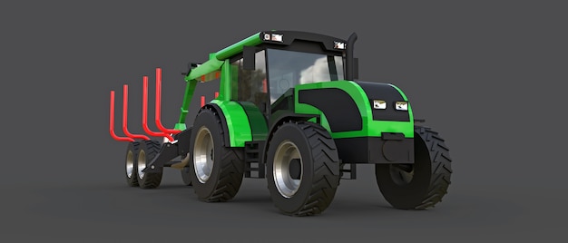 Green tractor with a trailer for logging on a gray background. 3d rendering.