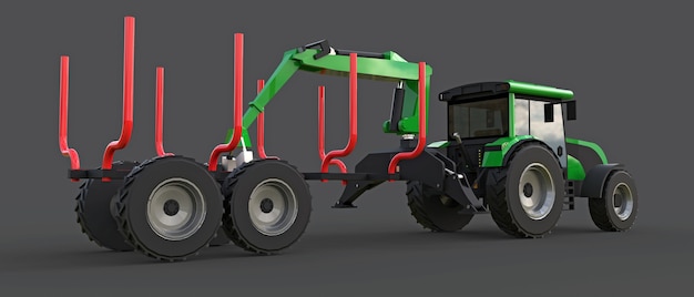 Green tractor with a trailer for logging on a gray background. 3d rendering.