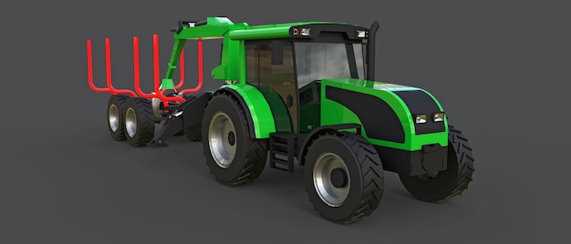 Green tractor with a trailer for logging on a gray background. 3d rendering.