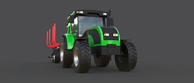 Green tractor with a trailer for logging on a gray surface