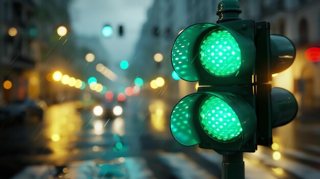 Photo a green traffic light in the foreground with a blurred background of a busy city street with bokeh lights