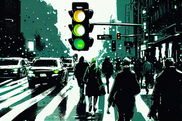 Green traffic light shining on a busy city street with cars and people in motion