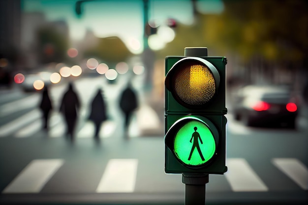 Photo green traffic light with blurred background of passing cars and pedestrians